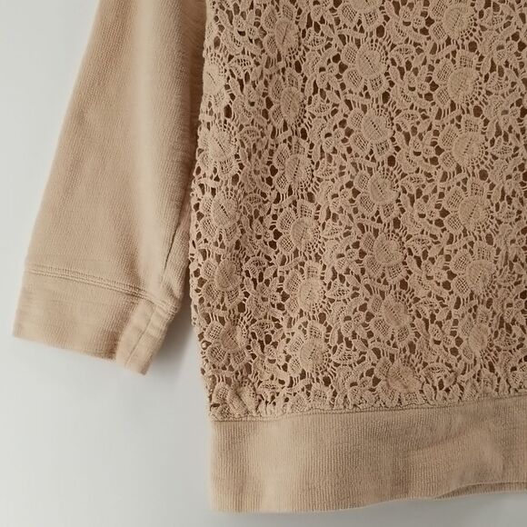 Anne Taylor Sweater Women's Tan 3/4 Sleeve Rear 1/4 Zip Crocheted Front Cotton - Picture 5 of 11